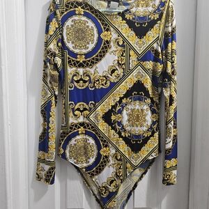 Baroque Print Long Sleeve Bodysuit - Blue and Gold